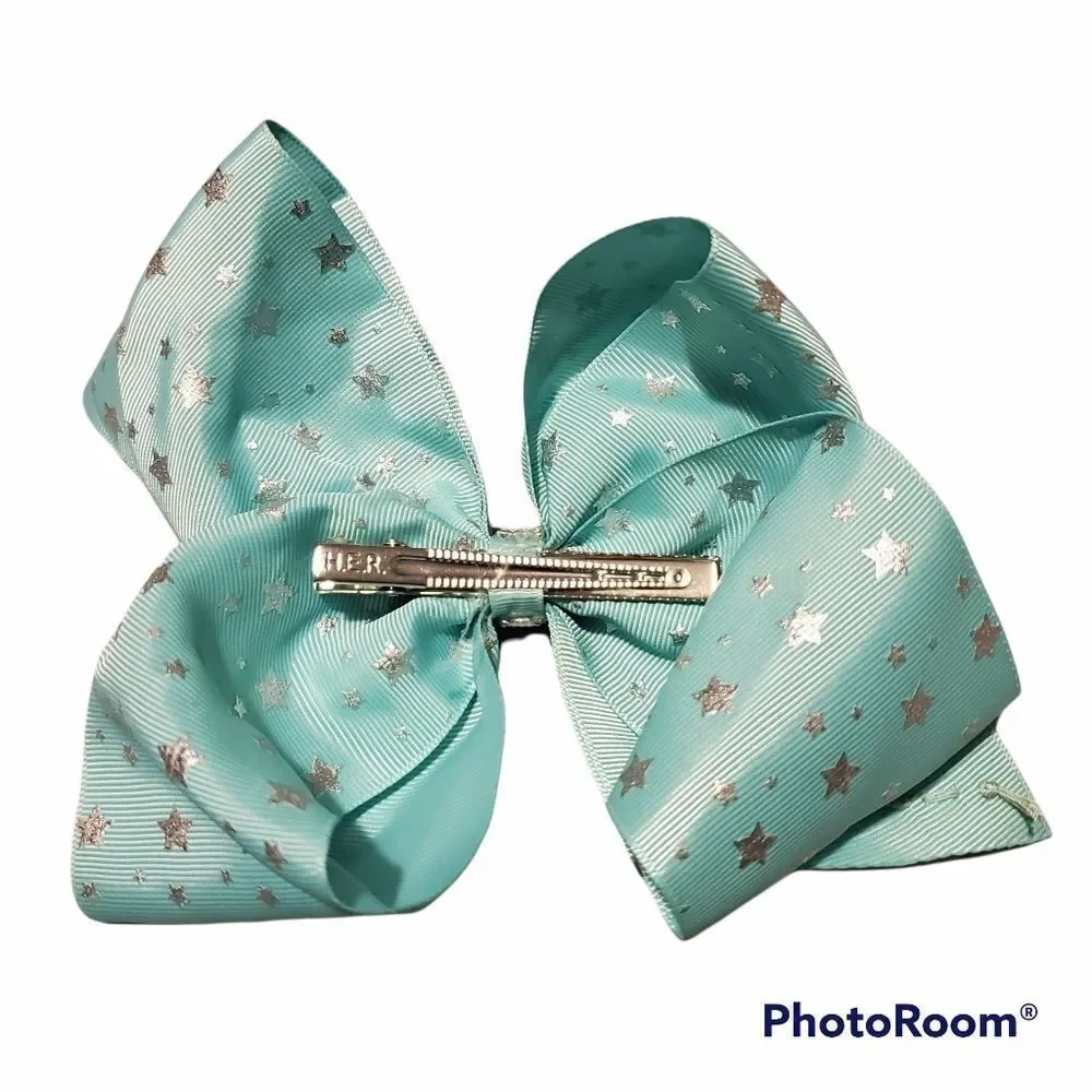 GIRLS Light Teal and Silver Stars Hair Bow